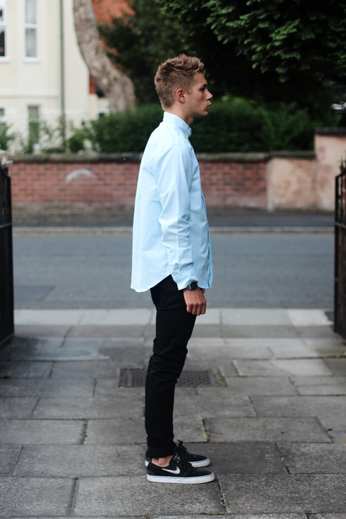 dress shirt jeans and sneakers