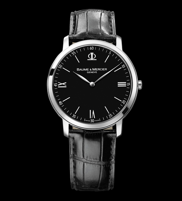 Baume & Mercier Geneve, Roman Numerals black face black leather strap, clean and elegant watch