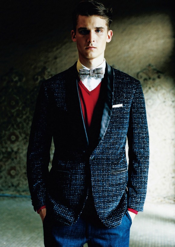 Shawl lapel suit jacket, red vest, bow tie & pocket square | SOLETOPIA