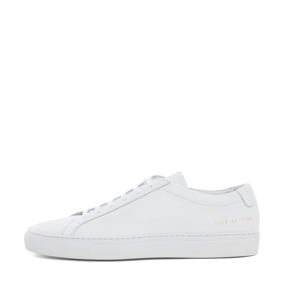 All white 'Achilles Mid' Common Projects designer sneakers | SOLETOPIA