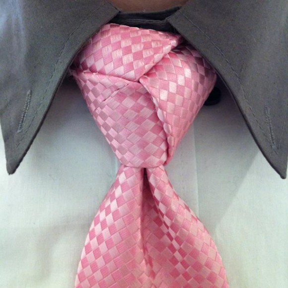 pink-silk-checked-tie-trinity-knot-complex-unique-necktie-knot