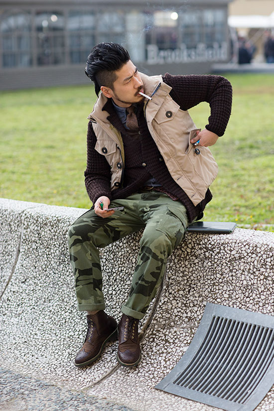Chocolate Boots & Cardigan in Military Fashion | SOLETOPIA