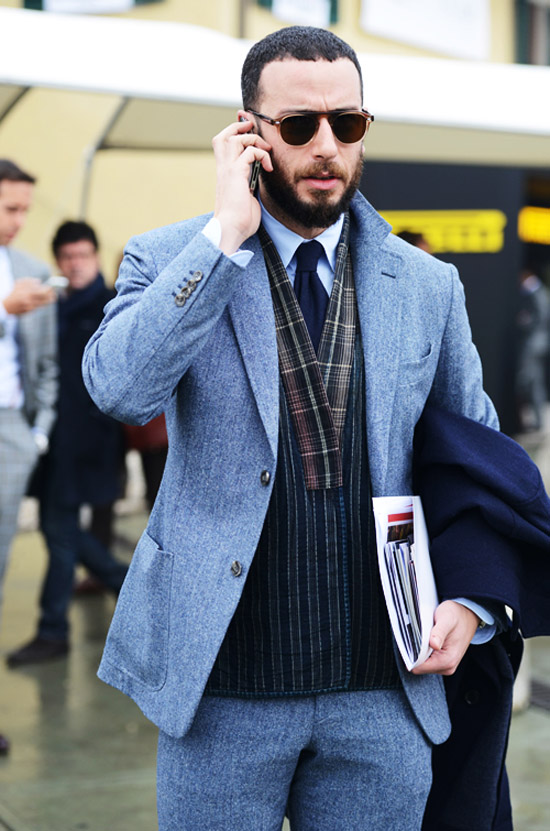 Cool blue wool suit & popped collar | SOLETOPIA