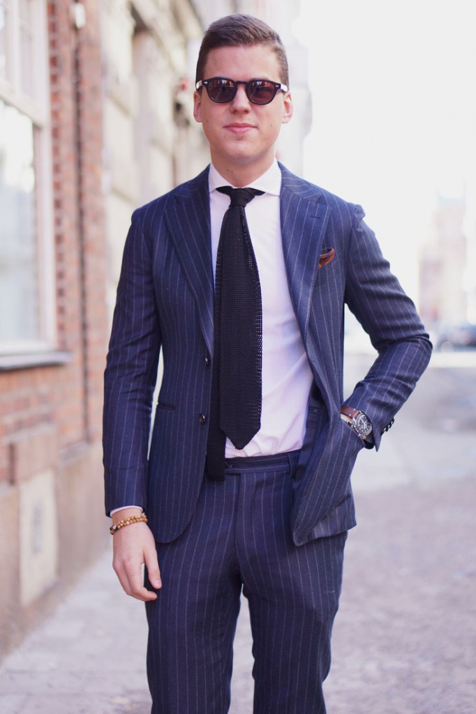 Sunday pin stripe suit & bracelets | SOLETOPIA