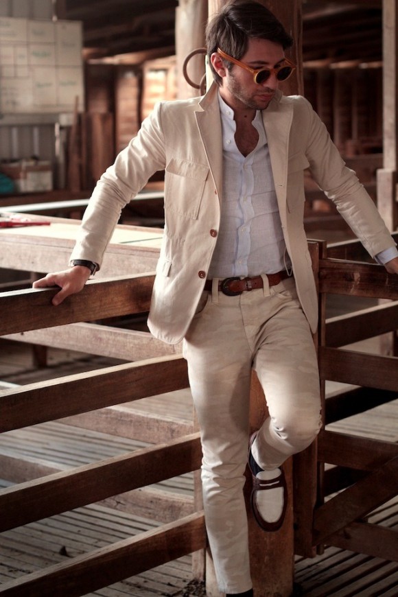 Beige Jacket with White Trousers