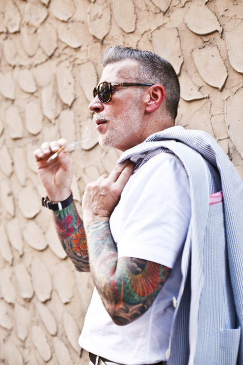 Nick Wooster cigarette puff seersucker over shoulder